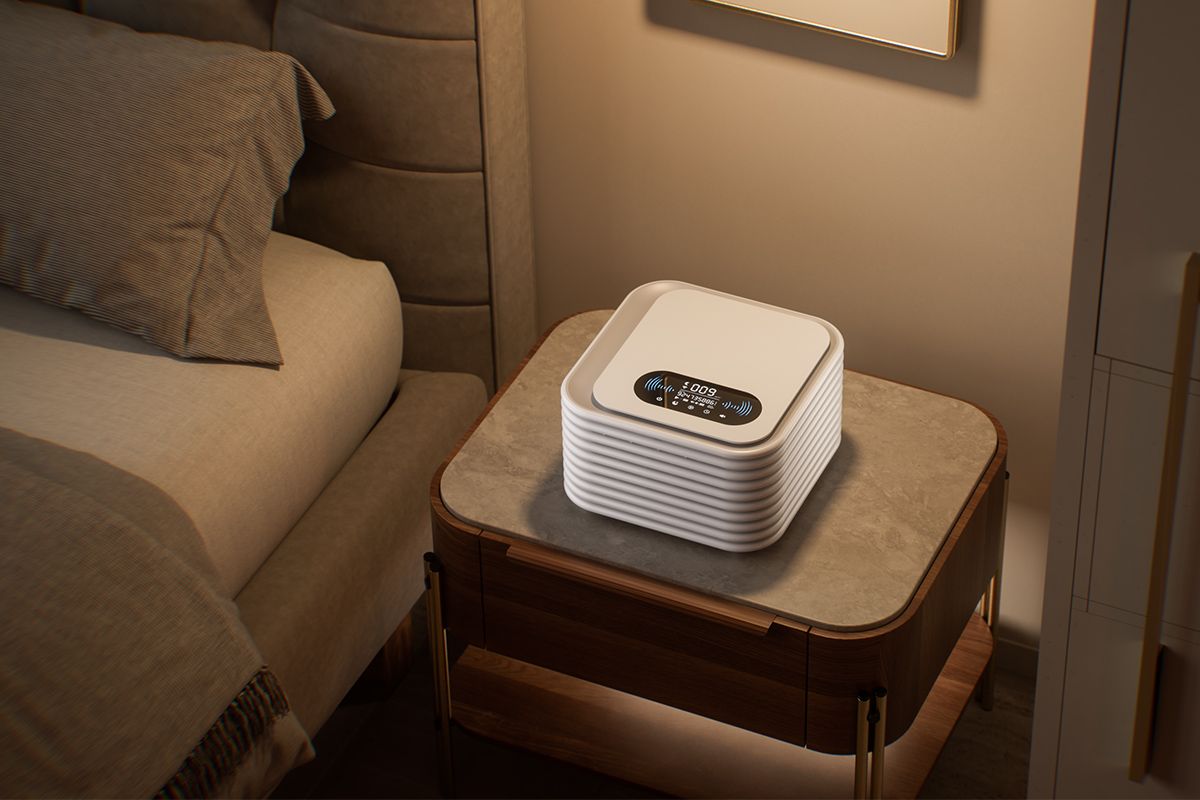 Bedroom night scene_Tiiiyes T5 sleep device on the nightstand_Multi-Dimensional Sleep Support