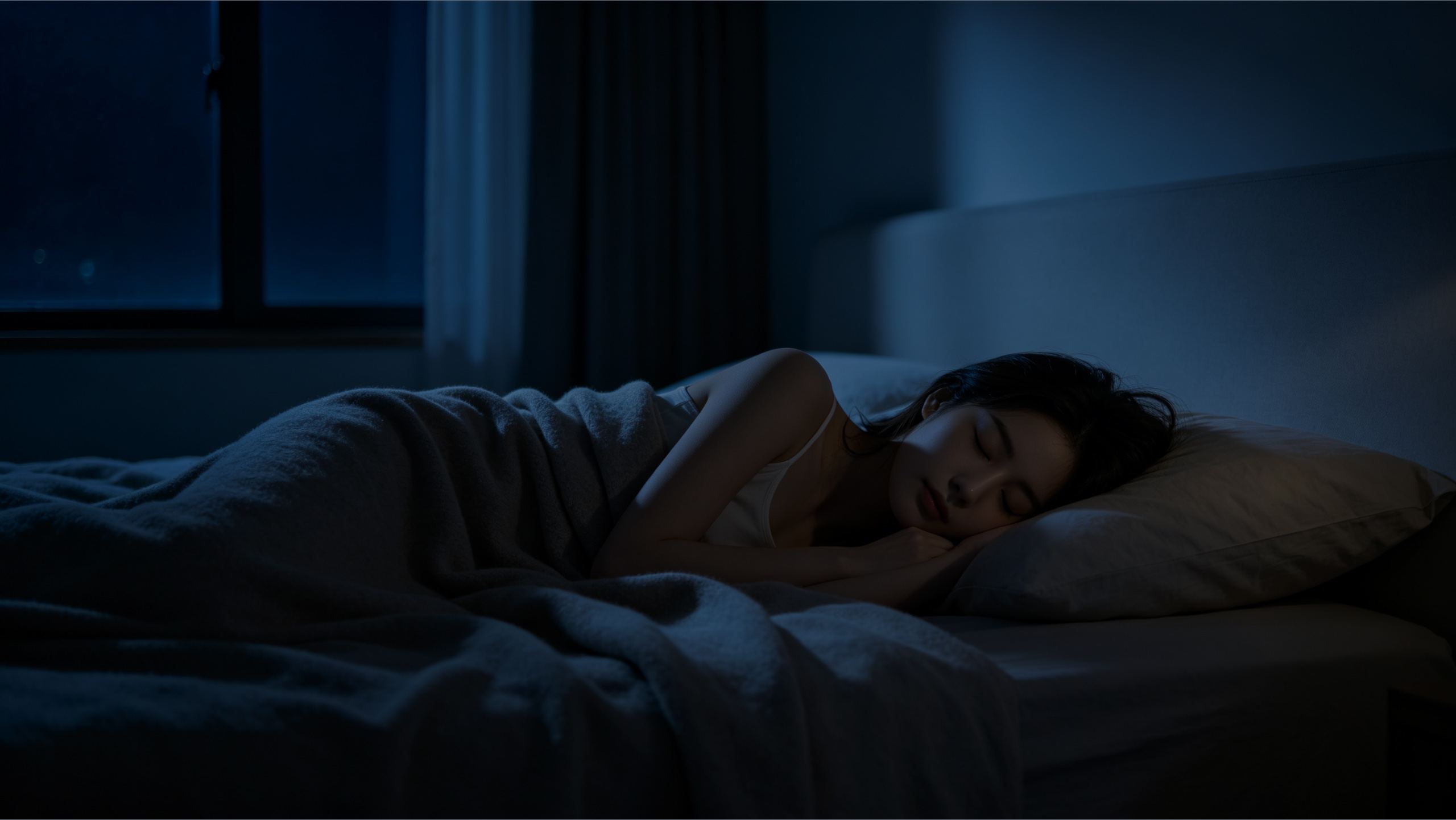 Dimly lit bedroom scene with the Tiiiyes sleep device_multi-dimensional sleep environment_negative oxygen ion sleep device