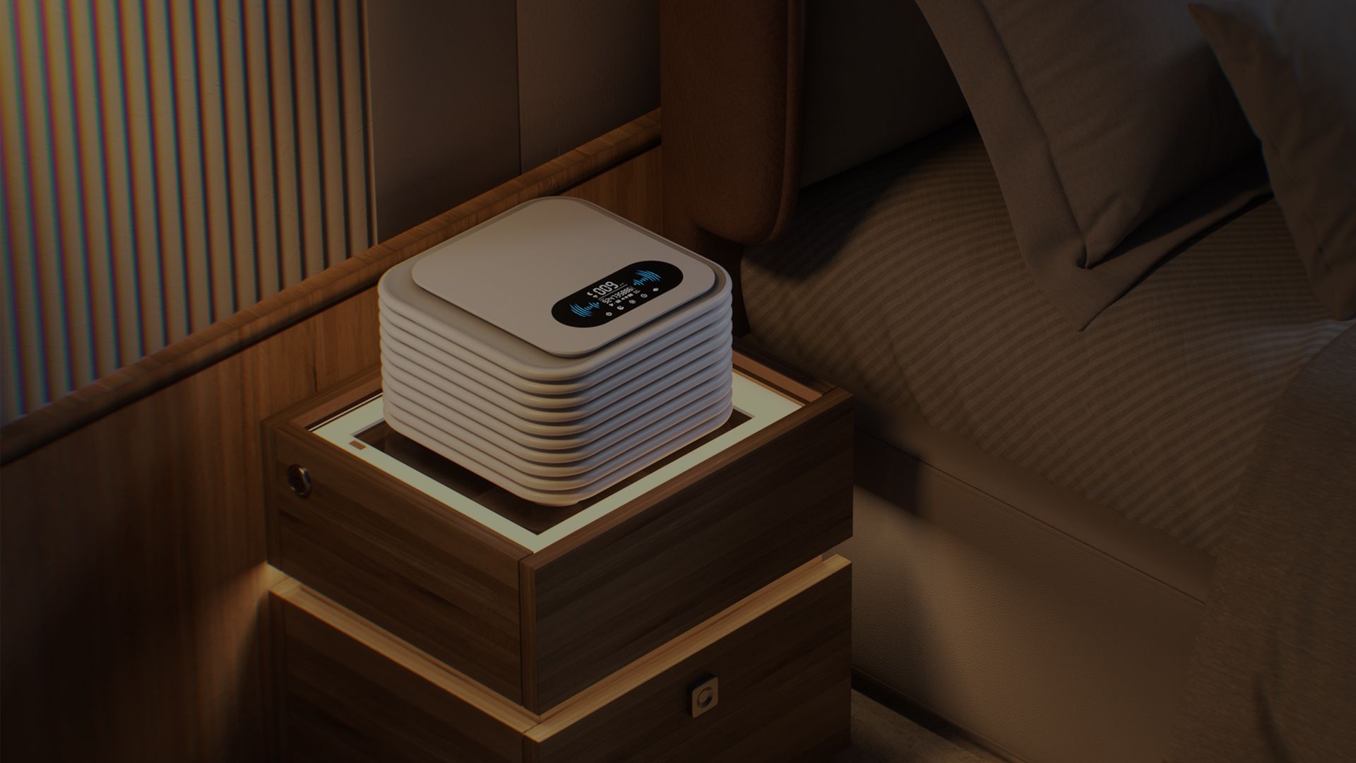 Tiiiyes sleep device in a dimly lit bedroom_Multi-Dimensional Sleep Support_negative oxygen ions