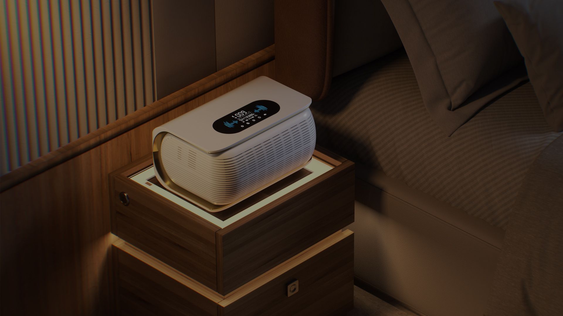 Tiiiyes sleep device in a dimly lit bedroom_Multi-Dimensional Sleep Support_negative oxygen ions